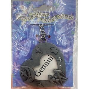 Gemini heart shaped 2” picture frame pewter key chain. Brand New